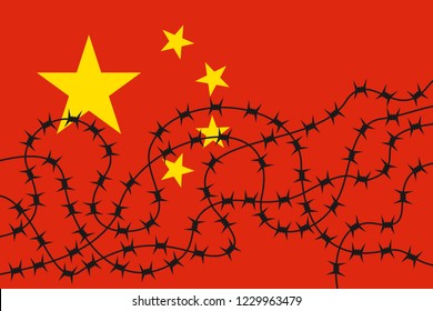 Barbed wire over China - detention, internment and imprisonment in Chinese state and country. Vector illustration