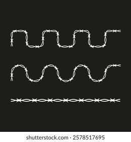 Barbed wire pattern. Wavy white strands. Dark black background. Vector border symbol.