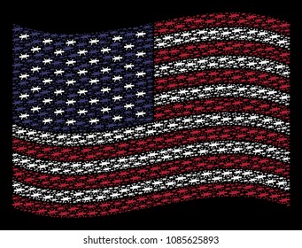 Barbed wire pictograms are grouped into waving United States flag stylization on a dark background. Vector collage of America state flag is done with barbed wire elements.