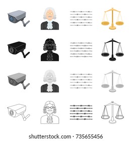 Barbed wire in prison, video surveillance, judge s appearance, scales of justice. Prison set collection icons in cartoon black monochrome outline style vector symbol stock isometric illustration web.