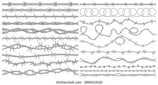 Barbed wire. Razor metallic fencing wire, industrial or prison wire seamless borders vector illustration set. Barb wire protection fencing with steel spikes for warning and defense