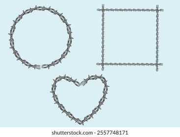 Barbed wire. Razor metallic fencing wire, industrial or prison wire seamless borders vector illustration set. Barb wire protection fencing