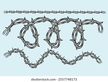 Barbed wire. Razor metallic fencing wire, industrial or prison wire seamless borders vector illustration set. Barb wire protection fencing