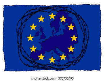 Barbed wire rolled around europe and the european union twelve star flag with frayed edges