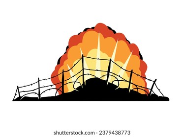 Barbed wire. Scenery of modern military conflict. Comic boom explosion. Big cartoon fireball. Fire bang and exploding. Silhouette of military barricades. Defensive fortifications.