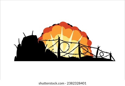 Barbed wire. Scenery of modern military conflict. Comic boom explosion. Big cartoon fireball. Fire bang and exploding. Silhouette of military barricades. Defensive fortifications.
