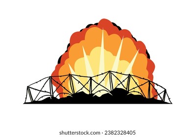 Barbed wire. Scenery of modern military conflict. Comic boom explosion. Big cartoon fireball. Fire bang and exploding. Silhouette of military barricades. Defensive fortifications.
