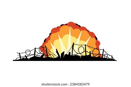 Barbed wire. Scenery of modern military conflict. Comic boom explosion. Big cartoon fireball. Fire bang and exploding. Silhouette of military barricades. Defensive fortifications.