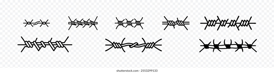 Arame farpado. Silhueta isolada arame farpado, arame farpado vetor cerca arame farpado borda cadeia. Arame farpado. Cerca com arame farpado. Holocausto. Cerca de arame farpado