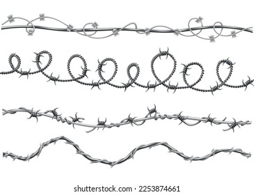 Barbed wire set. Fencing strong sharply pointed elements, twisted around, art pattern. Industrial barbwires, protection concept design. Modern metallic sharp elements for area protection