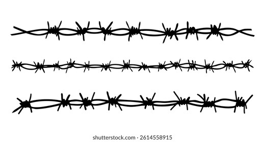 Barbed wire set. Holocaust. Barbed fence wire collection. Border barb fence. Vector illustration isolated on white background.