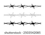 Barbed wire set. Isolated steel barbed wire on white background. Rows of sharp rusty barbwire. Monochromatic design. flat vector illustration