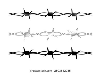 Barbed wire set. Isolated steel barbed wire on white background. Rows of sharp rusty barbwire. Monochromatic design. flat vector illustration