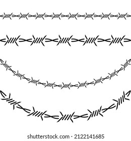 Barbed wire set, straight and curved arc, vector illustration, flat silhouette 