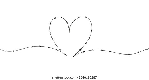 Arame farpado na forma de um coração. Ilustração vetorial simbólica para o conceito de prisão, dor, guerra ou amor restrito. Silhueta de metal afiado sobre fundo branco.