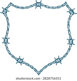 Barbed Wire Shield Decorative Frame, Vintage Western Rustic Blue Line Art Vector Illustration