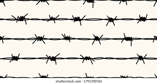 Barbed wire silhouettes seamless pattern. Vector background of steel black wire barb fence. Concept of protection, danger or security