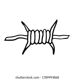 Barbed wire sketch icon. Horizontal view. Black contour silhouette. Vector flat graphic hand drawn illustration. The isolated object on a white background. Isolate.