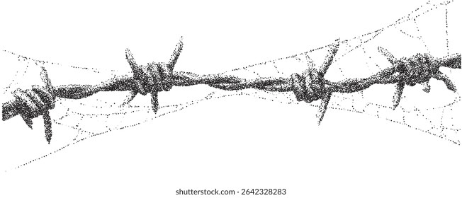 Barbed wire stands stark against a backdrop of intricate spider webs, showcasing a haunting juxtaposition of strength and delicacy. This setting evokes themes of entrapment and beauty in decay.