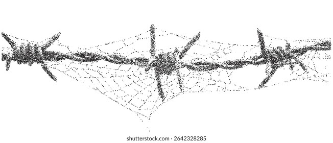 O arame farpado se estica por um fundo escuro, com suas pontas afiadas conectadas por delicadas teias de aranha. Essa justaposição destaca temas de tensão, aprisionamento e sobrevivência em um ambiente hostil.