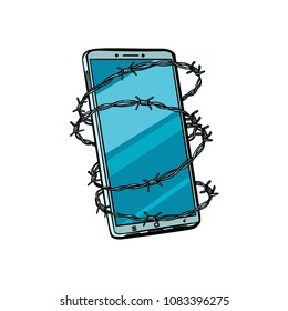 Barbed wire and telephone. isolated on white background. Pop art retro vector illustration comic cartoon kitsch vintage drawing