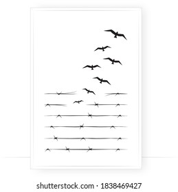 Stacheldraht verwandelt sich in die fliegenden Vögel, Vektorgrafik. Fliegende Vogelsilhouetten einzeln auf weißem Hintergrund. Minimalistisches Plakatdesign in einem Rahmen. Kunstdesign, Kunstwerke. Synonym für Freiheit