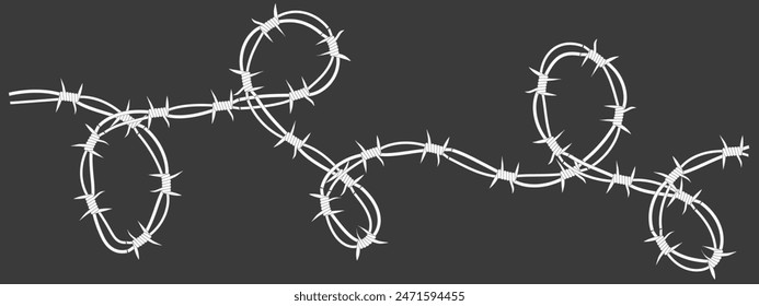 Barbed wire twisted barrier gothic steel boundary, silhouette guard fence, protection isolated on white background. Design element for military, secure object, prison. 