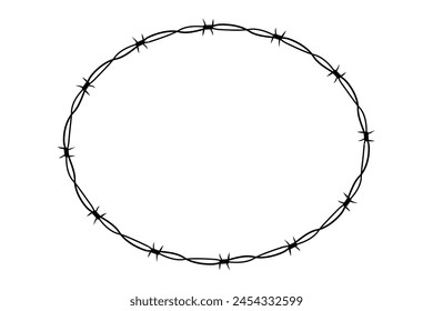 Barbed wire twisted ring y2k, round border tattoo, gothic textured steel frame, spiky oval barrier, silhouette isolated on white background.