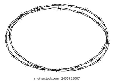 Barbed wire twisted ring y2k, round border tattoo, gothic textured steel frame, spiky oval barrier, silhouette isolated on white background.