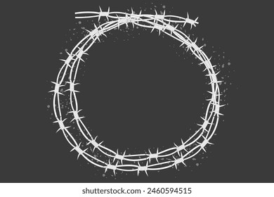 Barbed wire twisted ring y2k, round border tattoo, gothic textured steel frame, spiky oval barrier, silhouette isolated on dark background.