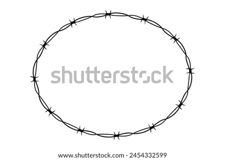 Barbed wire twisted ring y2k, round border tattoo, gothic textured steel frame, spiky oval barrier, silhouette isolated on white background.