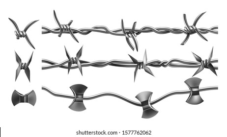 Barbed Wire Types Seamless Pattern Set Vector. Galvanized Metal Fencing Wire Chainlink With Sharp Points For Safety And Security Of Territory Or Barricade. Mockup Realistic 3d Illustrations