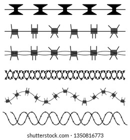 Barbed wire vector black silhouette set isolated on white background.
