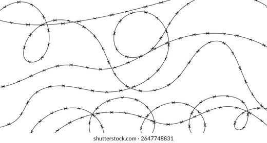 Barbed wire vector border. Isolated silhouette on white for prison, military zone, or security fence. Metal wire for danger or restricted area design.