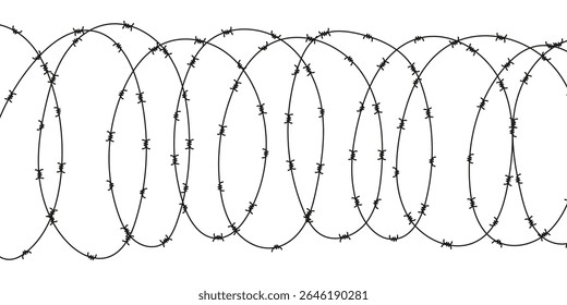 Borda de vetor de arame farpado. Silhueta de cerca de metal com estilo mínimo. Prisão, guerra ou conceito de segurança. Fundo de linha de fio de corrente. Design de arame farpado isolado.
