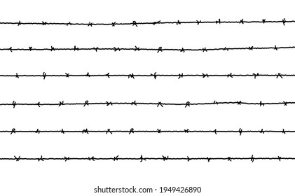 Barbed wire vector fence barbwire border chain. Prison line war barb background metal silhouette