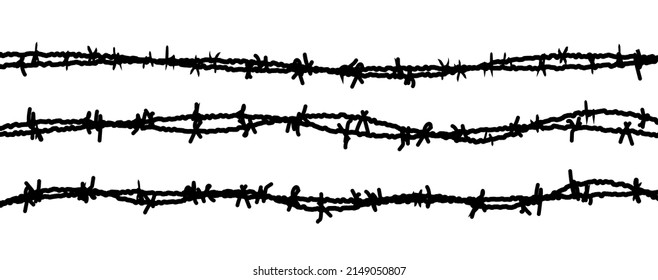 Barbed wire vector fence barbwire border chain. Prison line war barb background metal silhouette