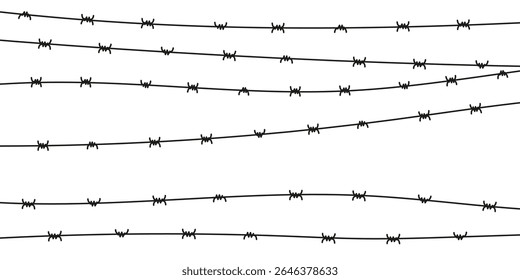 Cerca de vetor de arame farpado. Corrente de borda de arame farpado de metal em estilo silhueta. Elemento de linha da prisão, guerra ou zona de perigo. Design de fundo de segurança nítido.