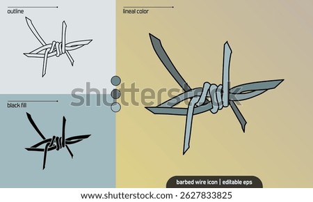 Barbed wire vector icon in military style, symbolizing battlefield perimeters, fortifications, and tactical defense. Includes outline, silhouette, and color version. Editable EPS.