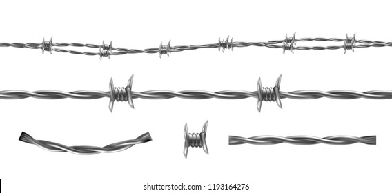 Barbed wire vector illustration, horizontal seamless pattern and separate elements of barbwire isolated on background. Metal protective barrier with sharp barbs for industrial and agricultural fencing