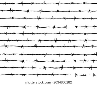 Barbed wire vector seamless pattern of horizontal lines in black and white.