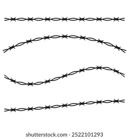 Barbed wire vector. Sharp wire strands. Black spiked line. Steel barrier design.