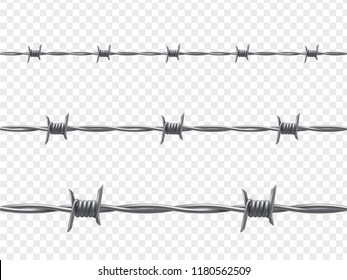 Barbed wire, warning and isolation decor, realistic. Wire with clusters of short, sharp spikes, to make fences or obstruction. Vector illustration