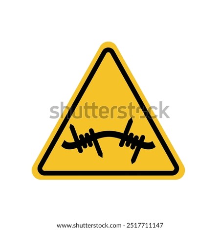 barbed wire warning sign on yellow triangle board. Suitable for posters and web icons