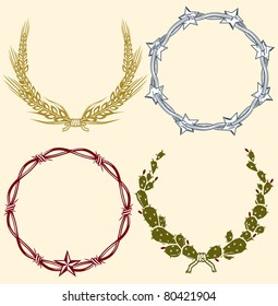 Barbed wire, wheat, and cactus themed laurel wreaths