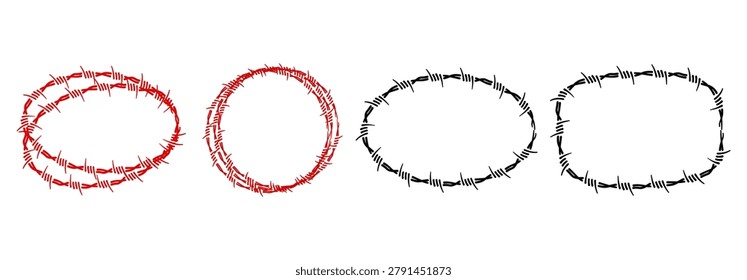 Barbed wire Y2K circular round gothic thorn frame collection. Editable vector illustration set