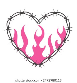 Barbed wired Heart with flame y2k gothic tattoo neo tribal isolated on white background. Retro 90s decoration, emo symbol. Love, romantic shape.