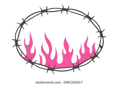 Barbed wired oval with flame y2k gothic tattoo neo tribal isolated on white background. Retro 90s decoration, emo symbol. Love, romantic shape.