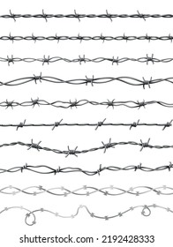 Barbed wires set. Protective boundary. Protection concept design. Vector fences seamless illustration isolated on white