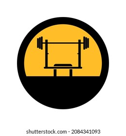 Barbell and bench, black and yellow colors, round sign for design on a white background, vector illustration